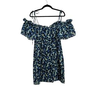 Topshop Frill Bardot Tie Off Shoulder Blue Leopard Animal Mini Dress 14 NWT